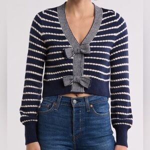 Vigoss Navy Stripe Textured Bow Crop Cardigan Sz. XL NWT!